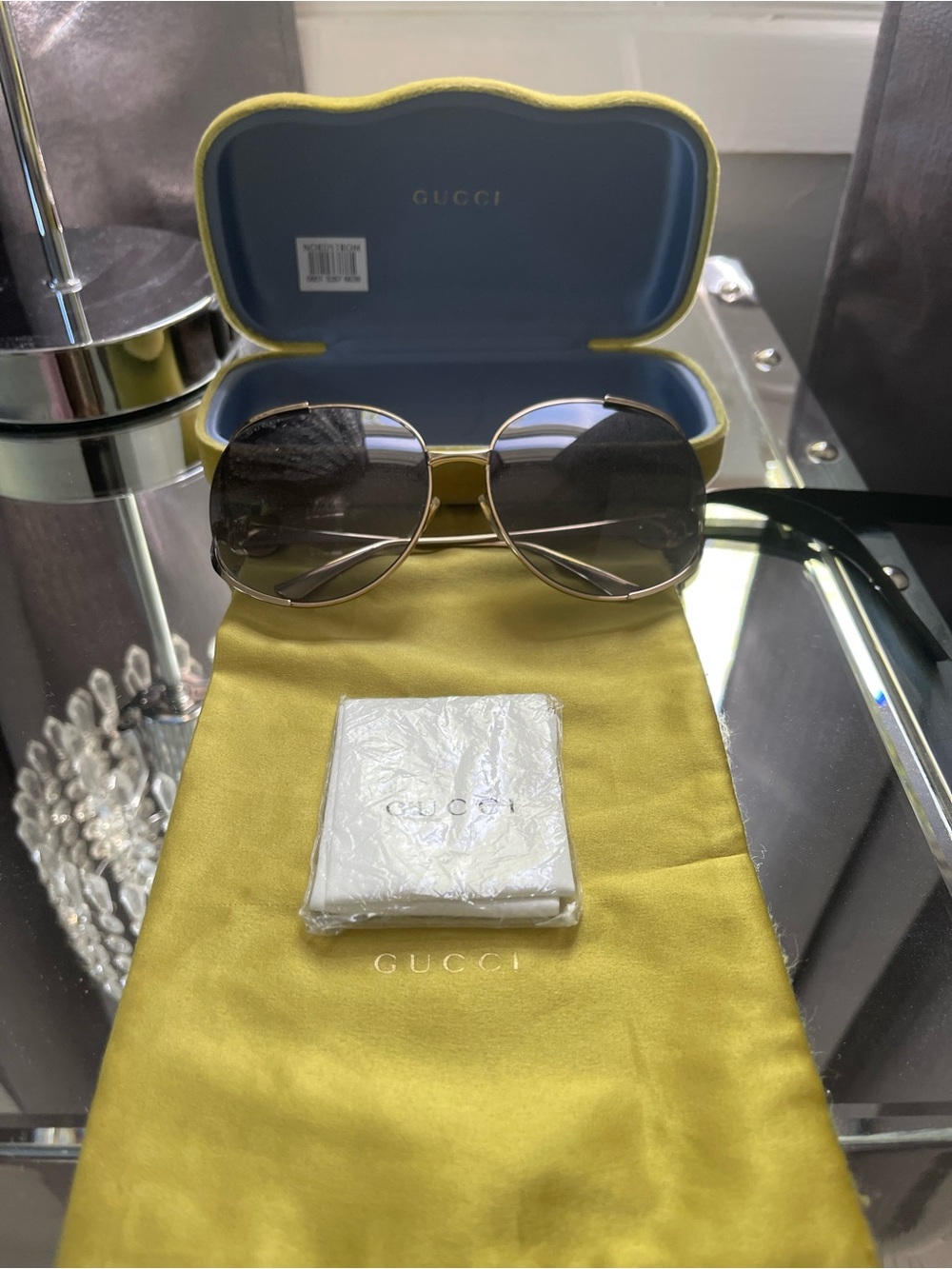 Gucci Gold Frame Sunglasses with Green Temple Stripes and Gradient Lenses - Picture 3 of 10